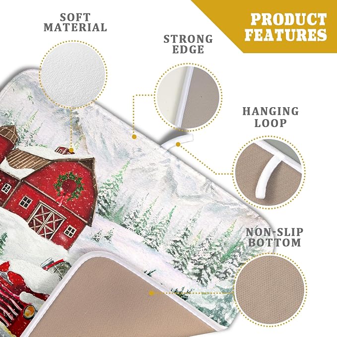 Winter Red Truck Dish Drying Mat Christmas Tree Dishes Pad 16x18 Inch Dish Drainer Rack Mats Absorbent Fast Dry Kitchen Holiday Accessories