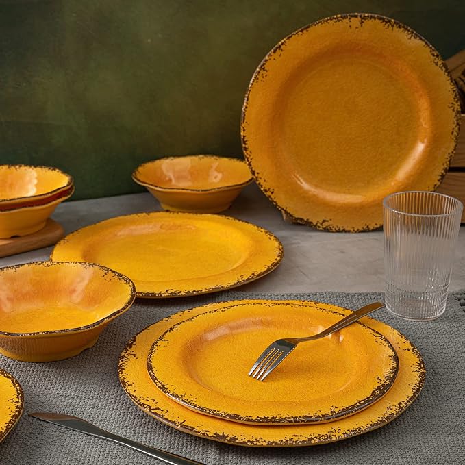 LEHAHA Melamine Dinnerware Sets, Outdoor Use Harvest Dinner Plates and Bowls Sets, Great for RVs Camping, Light Weight and Unbreakable 12 Piece Dishes Dinnerware Set for 4, (Gold)