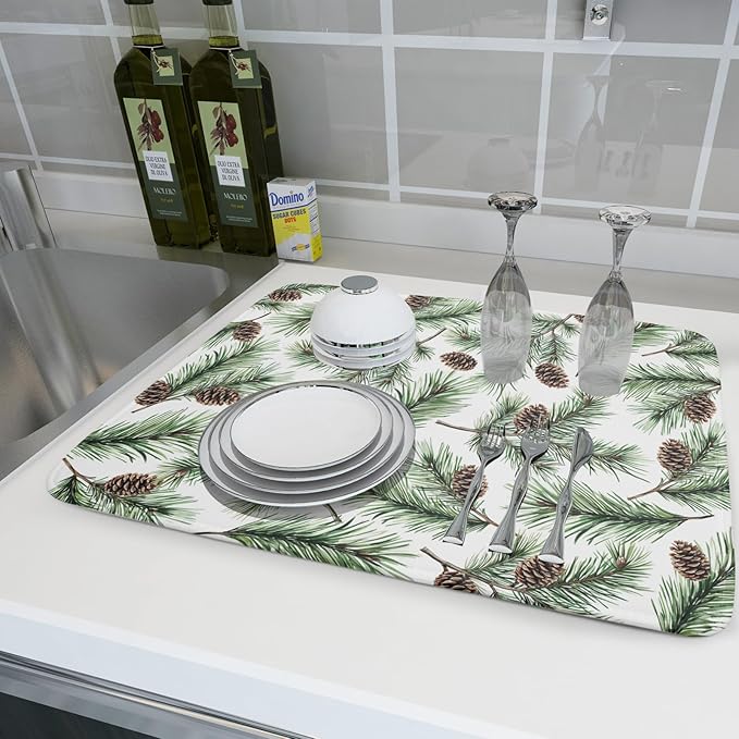 Winter Dish Drying Mat for Kitchen Counter Pine Needle Cone Festival Xmas Microfiber Absorbent Dish Draining Reusable Washable Foldable Extra Large 18"x24"