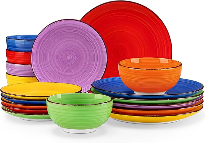 vancasso Bonita Dinnerware Set Muticolor Stoneware 18 Pieces Service for 6, Handpainted Spirals Pattern Stoneware Plates and Bowls Set