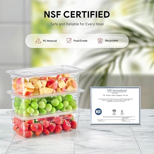 WILPREP 6 Pack Plastic Food Pans with Lids, 1/3 Size 6 in Deep Clear Food Storage Containers, 6.3 qt Stackable Polycarbonate Commercial Hotel Pans for Fruits Vegetables Beans Corns, NSF Listed