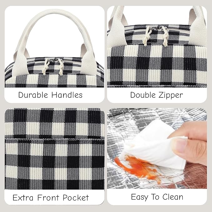 BTOOP Lunch Box for Women Men Cute Corduroy Lunch Bags Large Capacity Insulated Lunch Tote Bag For Work Travel Or Picnic (Black-White-Grey Checkered)