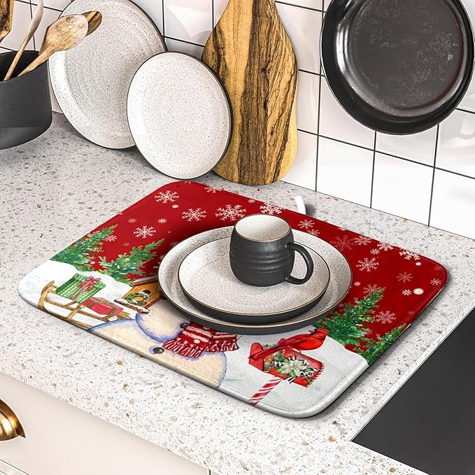 Winter Snowman Dish Drying Mat Red Bird Microfiber Dish Pad 16x18 Inch Absorbent Fast Dry Dishes Draining Mats Holiday Kitchen Accessories