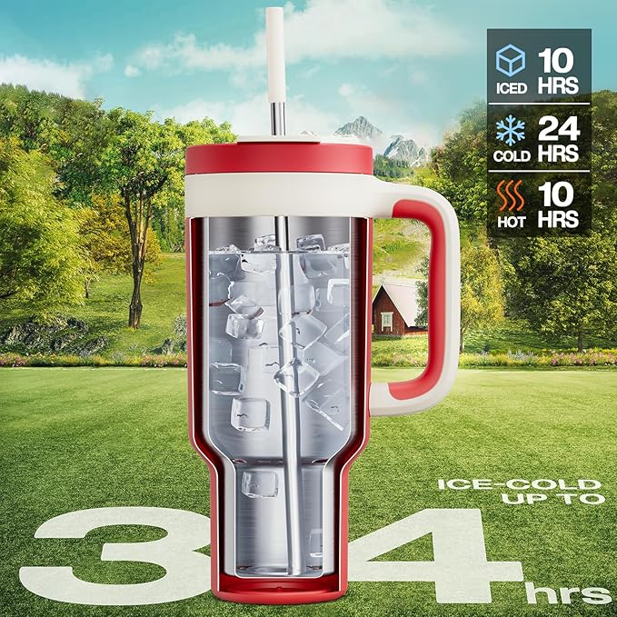 40 oz Tumbler with Handle, 2-in-1 Straw and Sip Lid, Leakproof, Dishwasher Safe, Insulated Stainless Steel Travel Coffee Mug, Keeps Cold for 34 Hours, Fits in Car Cup Holder (Passion)