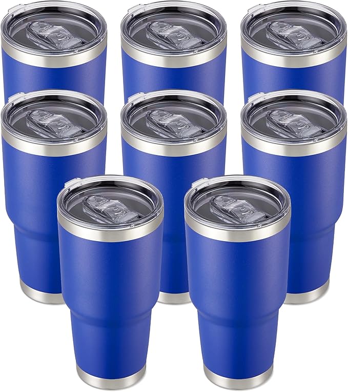 30 oz Tumbler with Lid Stainless Steel Tumblers Bulk Vacuum Insulated Cup Reusable Powder Coated Travel Mug Double Wall Leak Proof Cups Keep Cold Drinks for 12 Hours Blue, Set of 8