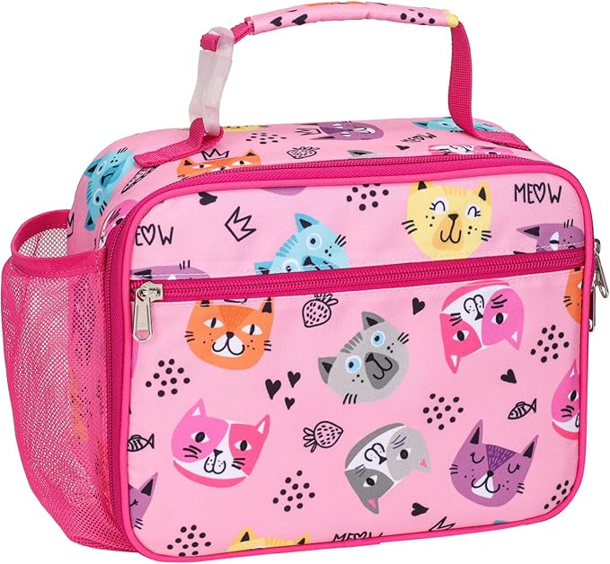Bagseri Kids Lunch Bag Girls - Kids Lunch Box for Girls Reusable Leak-Proof Insulated Lunch Bag with Water Bottle Holder Toddler Lunch Box for Daycare and School, Cute Cat (Water Bottle Not Included)