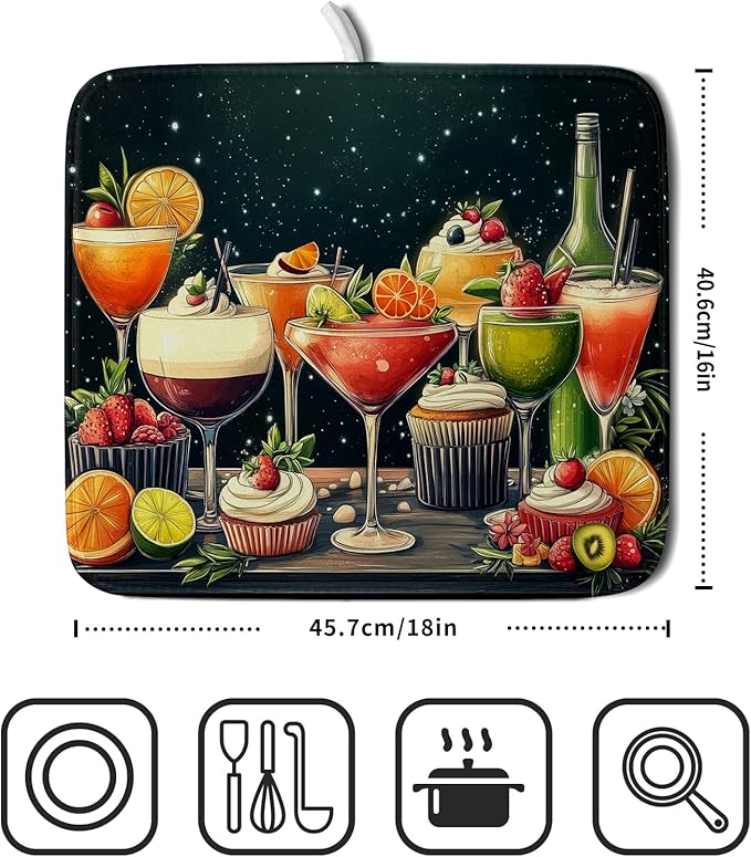 Wine Glass Dish Drying Mat - Summer Party Absorbent Microfiber Kitchen Drying Pad 16 X 18 Inch