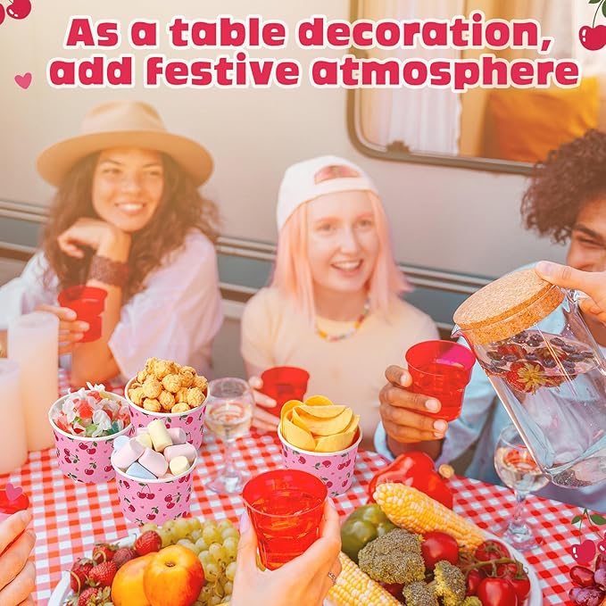 50 Pack Cherry Treat Snack Cups Red Cherry Heart Ice Cream Paper Cups 9 oz Fruit Disposable Dessert Bowls for Hot or Cold Food Summer Sweet First Birthday Baby Shower Party Supplies