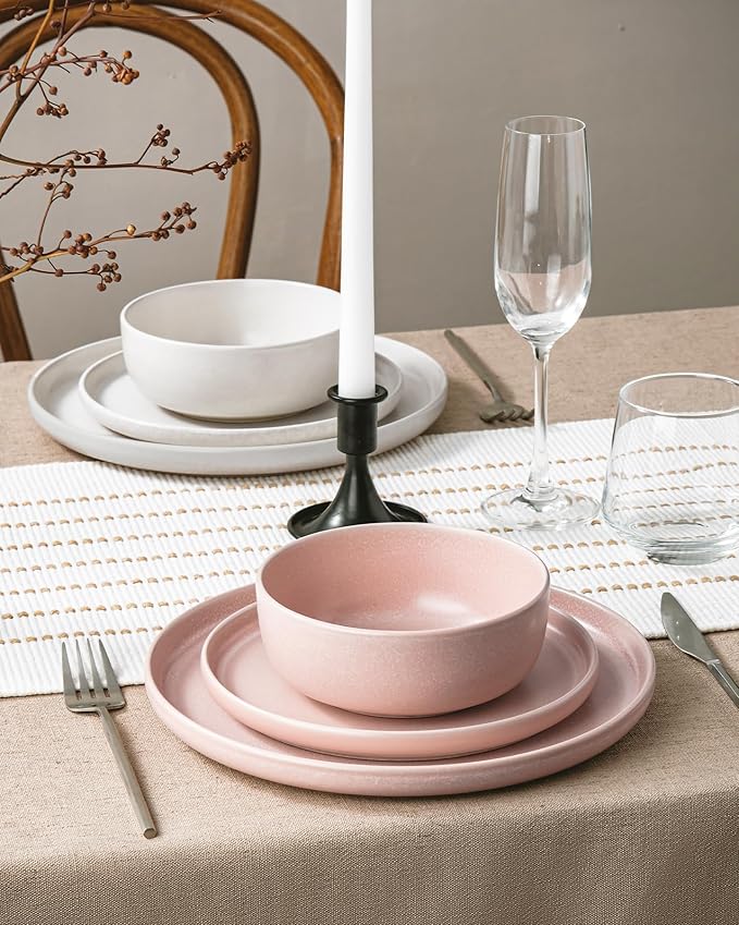 Famiware Milkyway Plates and Bowls Sets, 12 Pieces Dinnerware Sets, Reactive Glaze Dish Set, Stoneware Dishes Set for 4, Matte White & Light Pink