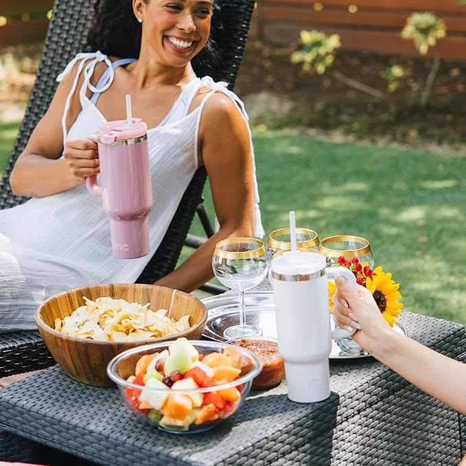 RTIC 30 oz Road Trip Tumbler Double-Walled Ceramic Lined InsulatedStainless Steel Portable Travel Coffee Mug Cup with Lid, Handle and Straw, Beach Glitter