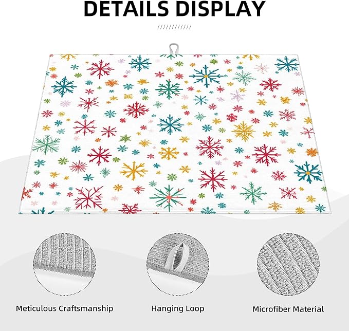 Christmas Snowflake Dish Drying Mat for Kitchen Counter Microfiber Super Absorbent Non-Slip Dish Drying Pad for Countertops Dishes Utensils Stylish Quick-Dry Machine Washable 18x24 Inch