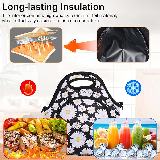 CILLA Neoprene Lunch Bag for Women Insulated Lunch Tote Bags Washable Lunch Container Box Picnic Lightweight Meal Prep Bags(White daisy+)
