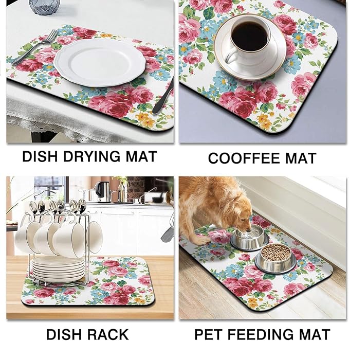 Rubber Dish Drying Mat for Kitchen Counter Large Pink Red Roses Floral Washable Quick Home Coffee Pad Fit Under Sink,Bar,Utensils 18x24in