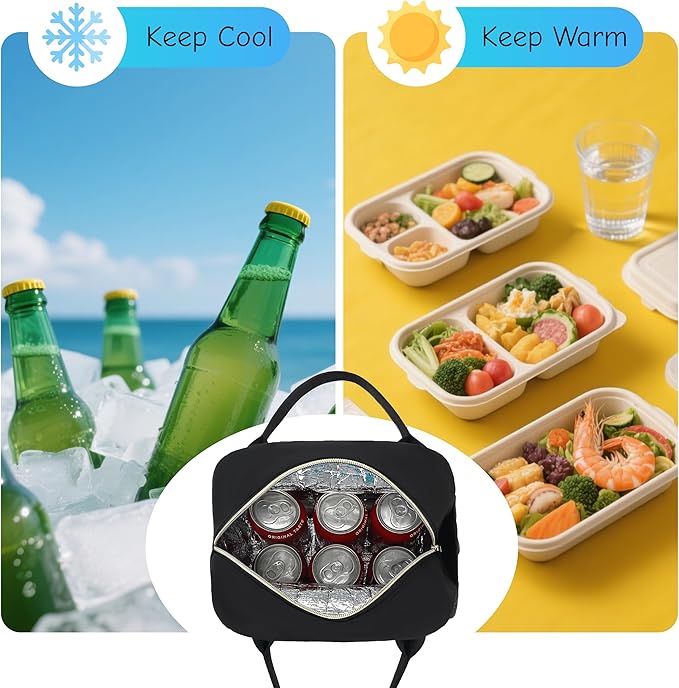 CAMTOP Lunch Box for Women Insulated Lunch Bag Lunchbox Cooler Thermal Leakproof Quilted Reusable Lunch Tote Bag for Work School Travel Picnic (Black)