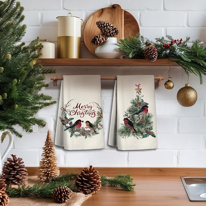 Christmas Kitchen Towels, Christmas Dish Towels Set of 2,Red Bird Christmas Tree Tea Towels for Kitchen,Christmas Hand Towels for Bathroom,Gifts for Women,Housewarming Gifts 16×24 Inches