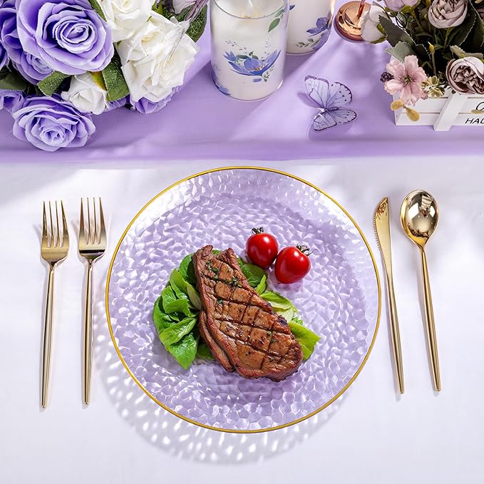 Rubtlamp 100Pcs Plastic Purple Dinner Plates, Heavy Duty 10 Inch Gold Disposable Plates, Hammered Purple Plates with Gold Rim, Fancy Plastic Plates for Weeding Parties