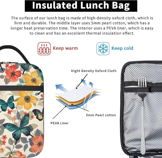 Butterfly Insulated Lunch Bag for Women Men Butterfly Lunch Bag for Work,Picnic,Travel,Hiking,Beach or Fishing Polyester Butterfly Lunch Box