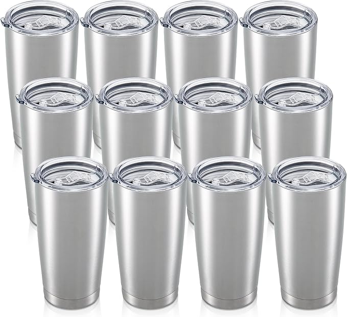20 oz Tumbler with Lid Stainless Steel Insulated Tumblers Bulk Double Wall Vacuum Cups Powder Coated Travel Mug Keep Drinks Cold and Hot, Stainless Steel, 12 Pack