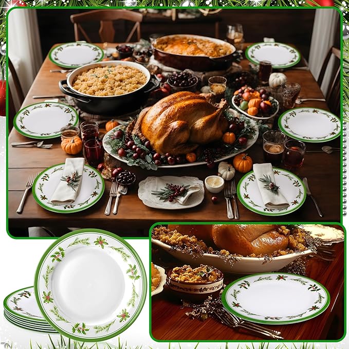 6 Pcs Christmas Dinner Plates Xmas Tree Melamine Dinnerware Green Plates Xmas Wreath Dishes Holiday Tableware for Dessert Salad Appetizer Birthday Party(Christmas Wreath,10 Inches)
