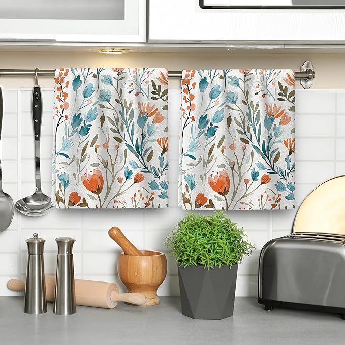 Blue Orange Flowers Kitchen Towels Decorative Set of 2, Watercolor Floral Hand Towels for Kitchen Baking Cooking, Soft Absorbent Vintage Floral Dish Clothes for Drying Dishes Holiday Decoration