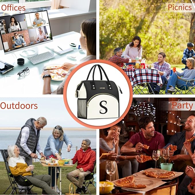 Personalized Lunch Box for Women, Initial Reusable Insulated Lunch Bag, Wide-Open Adult Lunchbox Cooler Lunchbag, Initial Leakproof Lunch Tote Bag for Picnic Work Outdoors Black and White - A