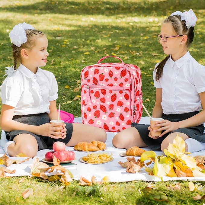 Aileam Lunch Box for Women Cute Strawberry Lunch Bag Quilted Reusable Insulated Lunch Box Aesthetic Lunch Tote Bags Floral Cotton Lunch Case for Travel Work Picnic (Pink Strawberry Flower)