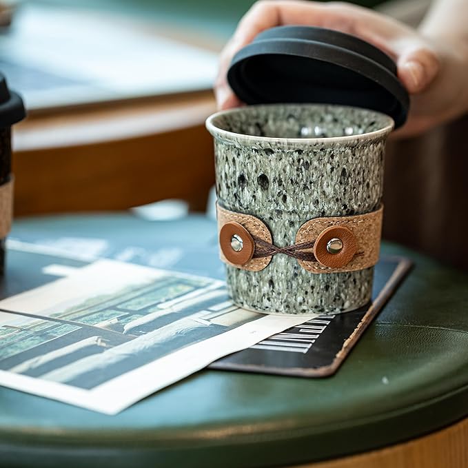 Travel Coffee Mug, Reusable Coffee Cup with Lid, Microwave & Dishwasher Safe, Camp Mug with Spill Proof Lid, Ceramic Camp Tumbler for Men and Women, 8.5oz