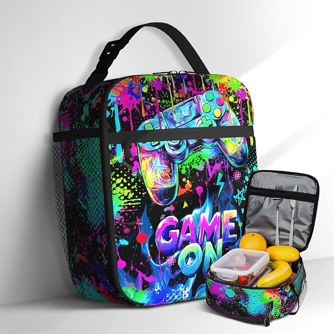 Video Game Lunch Box for Boys, Insulated Reusable Game Lunch Bag for Kids Teens Portable Waterproof Leakproof Gaming Lunch Tote Bag Boys Lunchbox for School Picnic Travel Beach Back to School Gifts