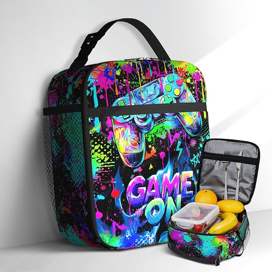 Video Game Lunch Box for Boys, Insulated Reusable Game Lunch Bag for Kids Teens Portable Waterproof Leakproof Gaming Lunch Tote Bag Boys Lunchbox for School Picnic Travel Beach Back to School Gifts