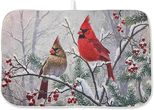 Christmas Dish Drying Mats 18x24 Inch Snow Red Bird Drying Mats Xmas Farmhouse Winter Holiday Kitchen Decor Absorbent Drying Pad Rack Drainer Mats for Kitchen Dining Room Counter