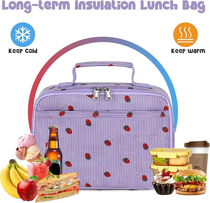 Bluboon Kids Girls Lunch Bag Insulated Lunch Box for school Corduroy Lunch Cooler Organizer School Kids Lunch Tote
