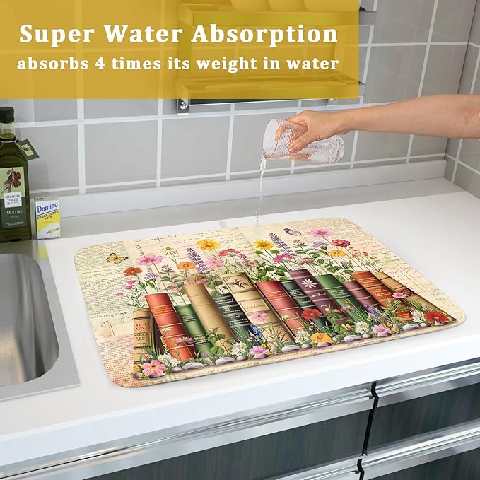 Vintage Books Dish Drying Mat - Retro Flower Kitchen Countertop Cloth Pad 18 x 24 In