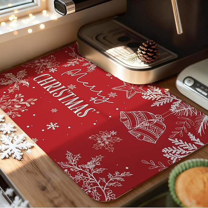 Red Merry Christmas Dish Drying Mat, Winter Snowflake Holly Leaf Coffee Bar Mat for Countertops, Holiday Christmas Absorbent Dish Drying Mats for Kitchen Counter Coffee Maker, 16x24 Inch