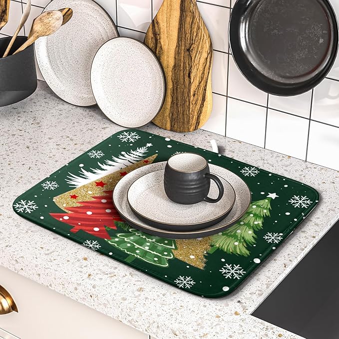 Christmas Green Dish Drying Mats 16x18 Inch, Farmhouse Gold Red Xmas Pine Trees Winter Holiday Absorbent Fast Dry Microfiber Dishes Drainer Rack Pad Farmhouse Rustic Holiday Kitchen Decor