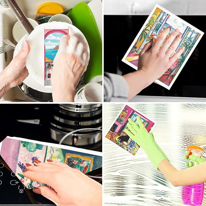 Black Cat Swedish Cloths - 6PCS Oil Painting Black Cat Swedish Dishcloths for Kitchen, Kitten Reusable Dish Towels for Washing Dishes, Washable Cleaning Sponge Gifts Quick Drying