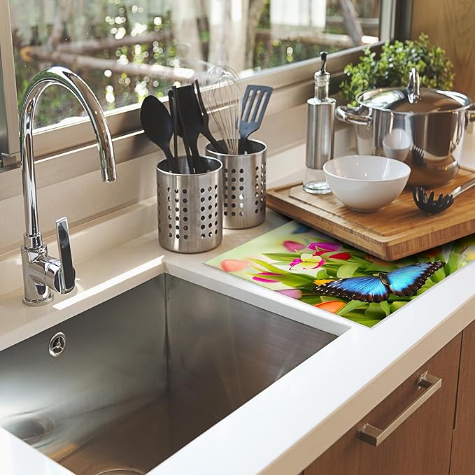 Tulips Flowers Dish Drying Mat for Kitchen Counter Decor,Beautiful Butterfly Dish Drying Rack Pad Absorbent Reversible Microfiber for Coffee Tableware Sink Countertop 18x24 Inch