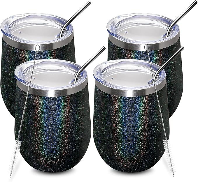 MEWAY 12oz/4 Pack Wine Tumbler Glasses with Lid - Stemless Double Wall Vacuum Stainless Steel Glitter Tumbler - Keeping Cold & Hot Cup for Coffee,Gift for Women(Rainbow Black,Set of 4)