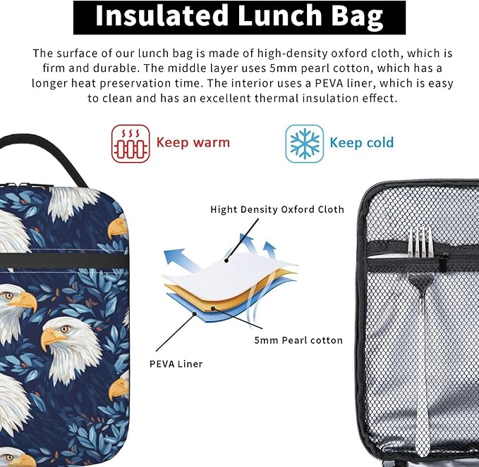Bald Eagle and Leaf Lunch Box for Teen Kids, Vintage Reusable Thermal Lunchbag, Picnic, School, Hiking, Fishing, Bird Insulated Tote Cooler Bags for Adults Women Decor Gifts, Nature Theme