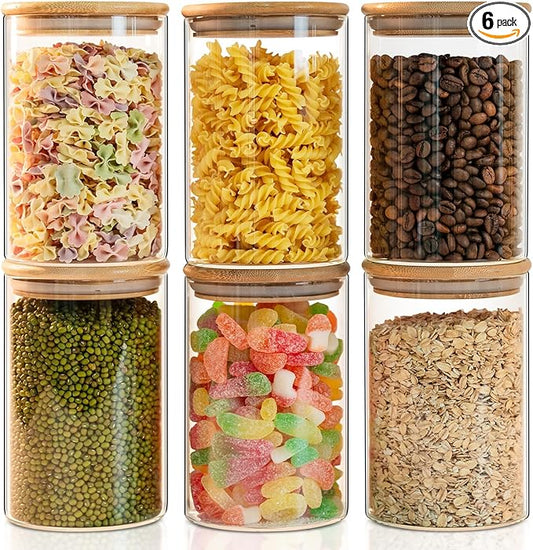 YUNCANG Glass Food Storage Jars 50oz [Set of 6],Clear Glass Food Storage Containers with Airtight Bamboo Lid Stackable Kitchen Canisters for Candy,Cookie,Rice,Sugar,Flour,Pasta