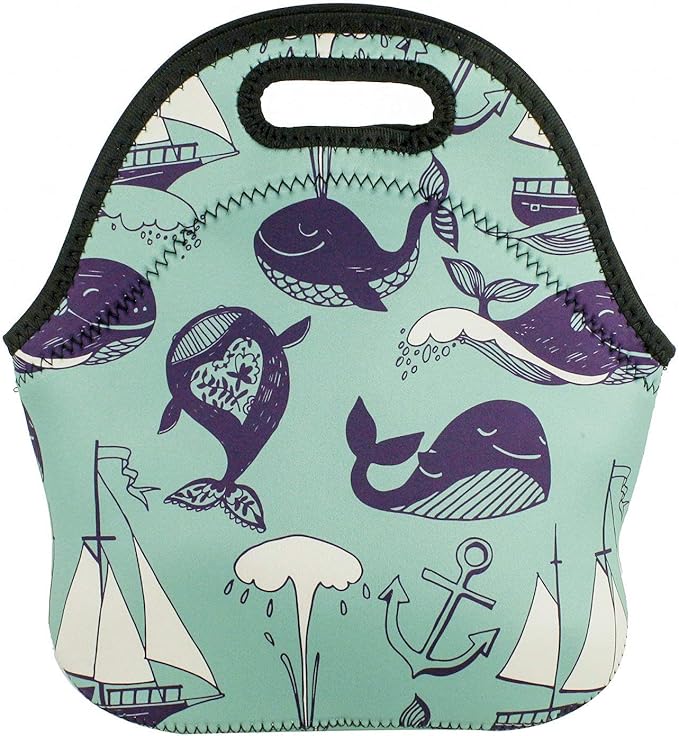Violet Mist Cute Neoprene Lunch Bag Insulated Reusable lunch Bags Whale Animal Food HandBags Thermal Lunch Bags Cooler Lighweight Washable Cool lunch bags Box Work Picnic Gift for Women Men Adult