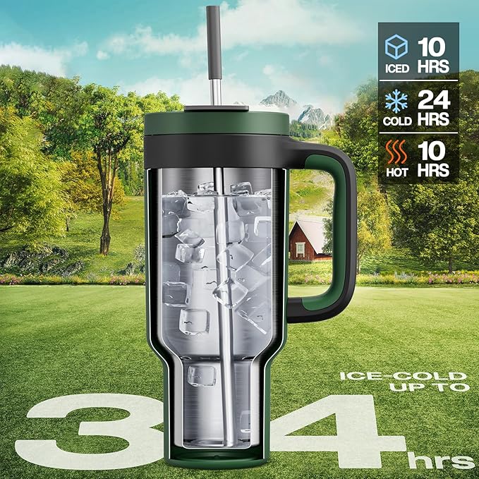 40 oz Tumbler with Handle, 2-in-1 Straw and Sip Lid, Leakproof, Dishwasher Safe, Insulated Stainless Steel Travel Coffee Mug, Keeps Cold for 34 Hours, Fits in Car Cup Holder (Forest)