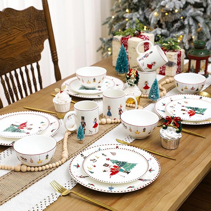 16 Pcs Nutcracker Christmas Dishes Dinnerware Set for 4 Guest Nutcracker Dinner Plates Ceramic Christmas Salad Plate Holiday Bowl Mug Serving Dishes Gift for Xmas Holiday Party Kitchen Decoration