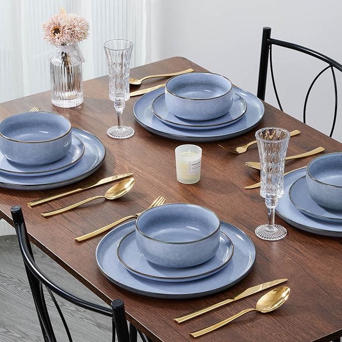 E-far 6-Piece Reactive Glaze Dinnerware Sets, Ceramic Dishes Set for 2, Stoneware Plates and Bowls Dinning Ware, Microwave & Dishwasher Safe - Ocean Blue