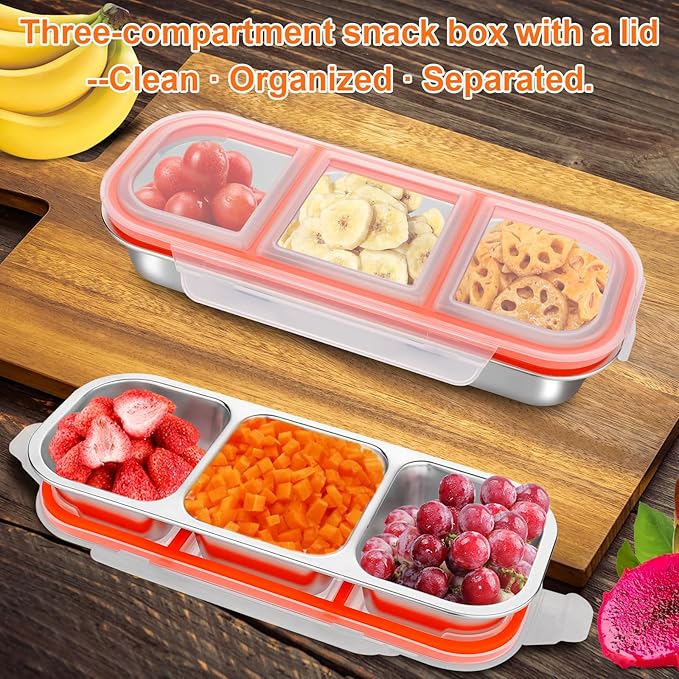 4 Pack Stainless Steel Snack Containers, 2/3 Compartment Metal Lunch Box, Leak Proof Snack Containers with Lids, with Fork and Spoon for School, Work, Travel (4pcs 3 Grids Lunch Box)