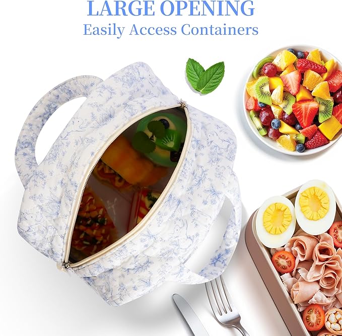 Quilted Lunch Box for Women,Insulated Cute Reusable Lunch Bag with Front Pocket,Pink Flower Stylish Lunch Tote Bag for Work, Office,Picnic, Travel,School (blue floral rabbit)