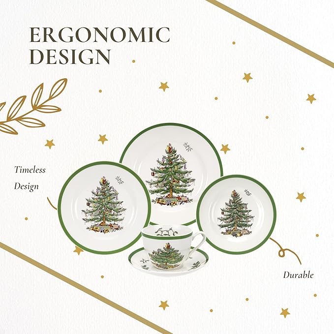 Spode Christmas Tree 5-Piece Holiday Dinnerware Set - Festive Earthenware Tableware with Plates, Teacups, Saucers - Microwave, Dishwasher Safe - Christmas Dinnerware & Holiday Tableware