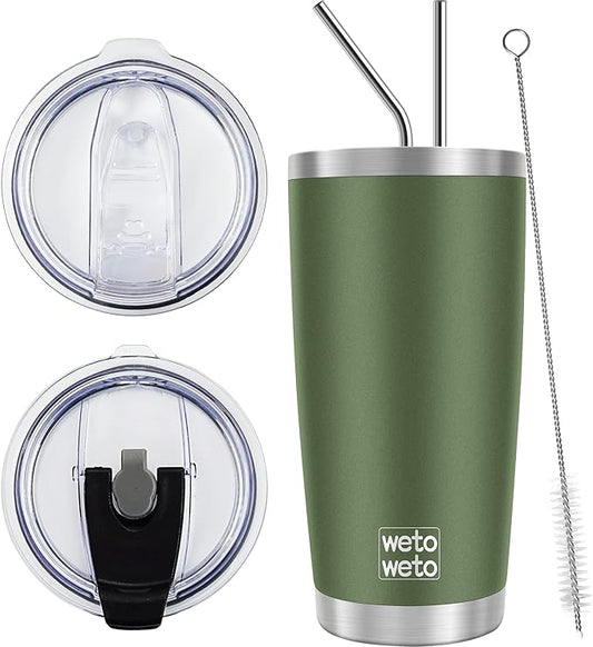 WETOWETO 20oz Insulated Stainless Steel Tumbler, Coffee Tumbler with 2 Lids and 2 Straws, Double Wall Vacuum Travel Coffee Mug, Powder Coated Leak-Proof Cup for Travel (Army Green, 1 Pack)