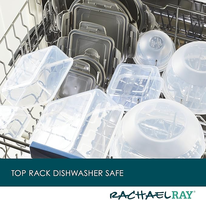 Rachael Ray Leak-Proof Nestable Container Food Storage Bin Set, 10-Piece, Clear with Gray Lids (Pack of 2)