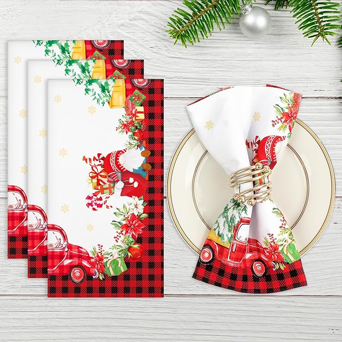 Christmas Gnomes Napkins, 18×18 Inch Christmas Tree Dinner Cloth Napkins Set of 4, Washable Cotton Soft Absorbent Square Napkins for Dining Kitchen Party Wedding Decoration