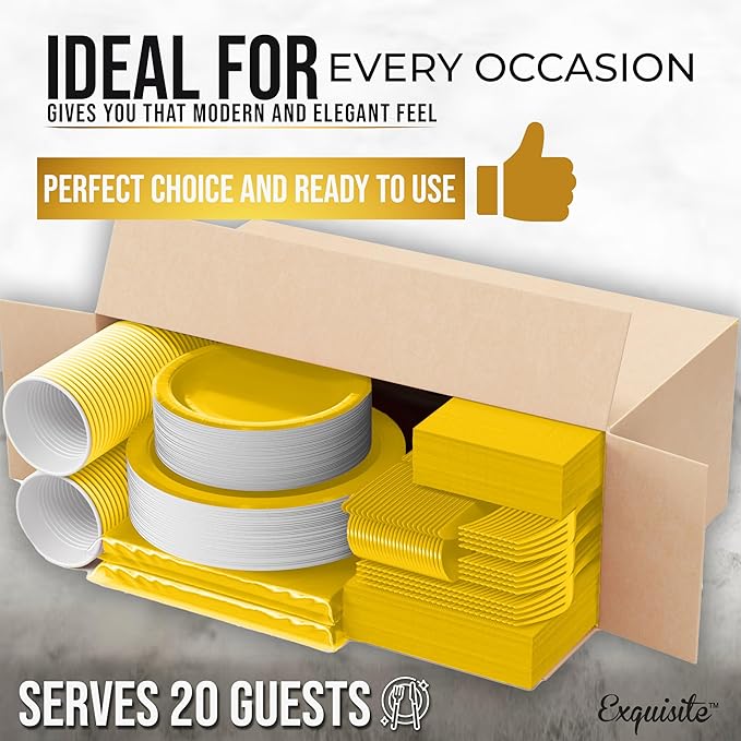 222 Pcs Yellow Paper Plates and Napkins Sets, Disposable Plates For Party, Lunch & Cocktail Napkins Paper, 18oz Plastic Cups, Cutlery and Yellow Table cloth Plastic Dinnerware Set